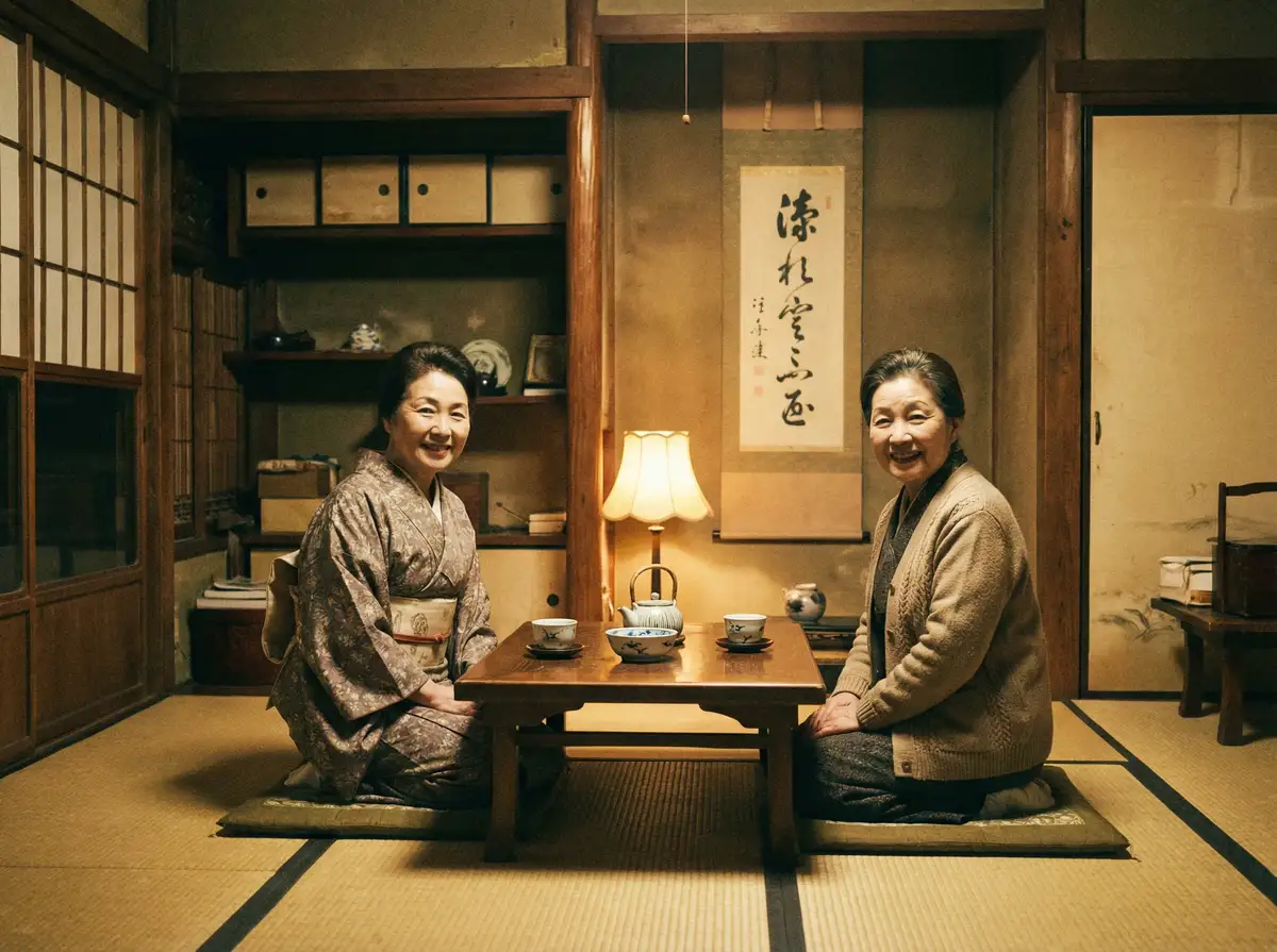 两位优雅的 体育竞猜推荐平台网址 在日式茶室中品茶交谈